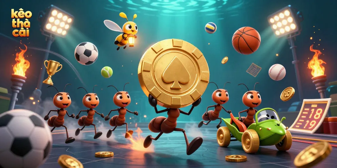 Engaging kèo nhà cái themed artwork featuring a heist scene with ants and dynamic sports elements.
