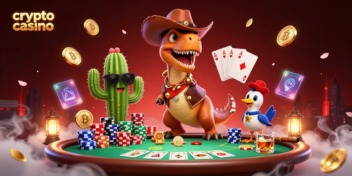 Illustration d'un casino crypto avec des personnages 3D et des éléments de poker.