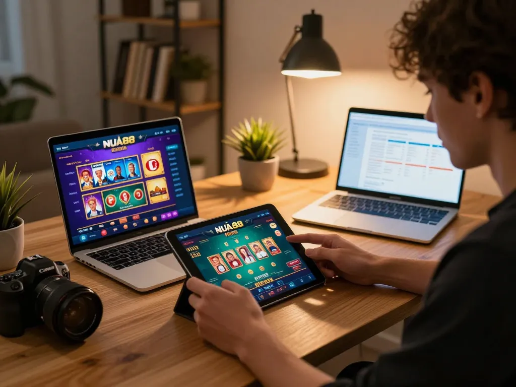 Engaged user exploring NHÀ CÁI VUA88 online casino app on tablet in stylish home office.