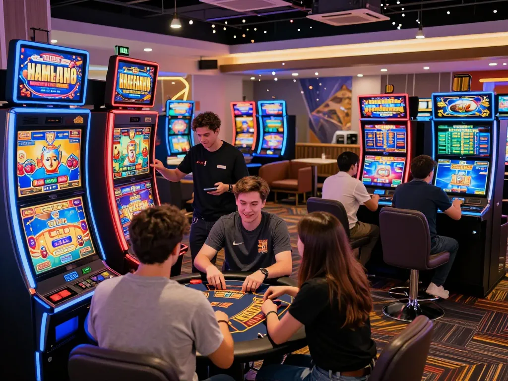 Exciting TG88 online gaming scene with players at vibrant casino tables and slot machines.