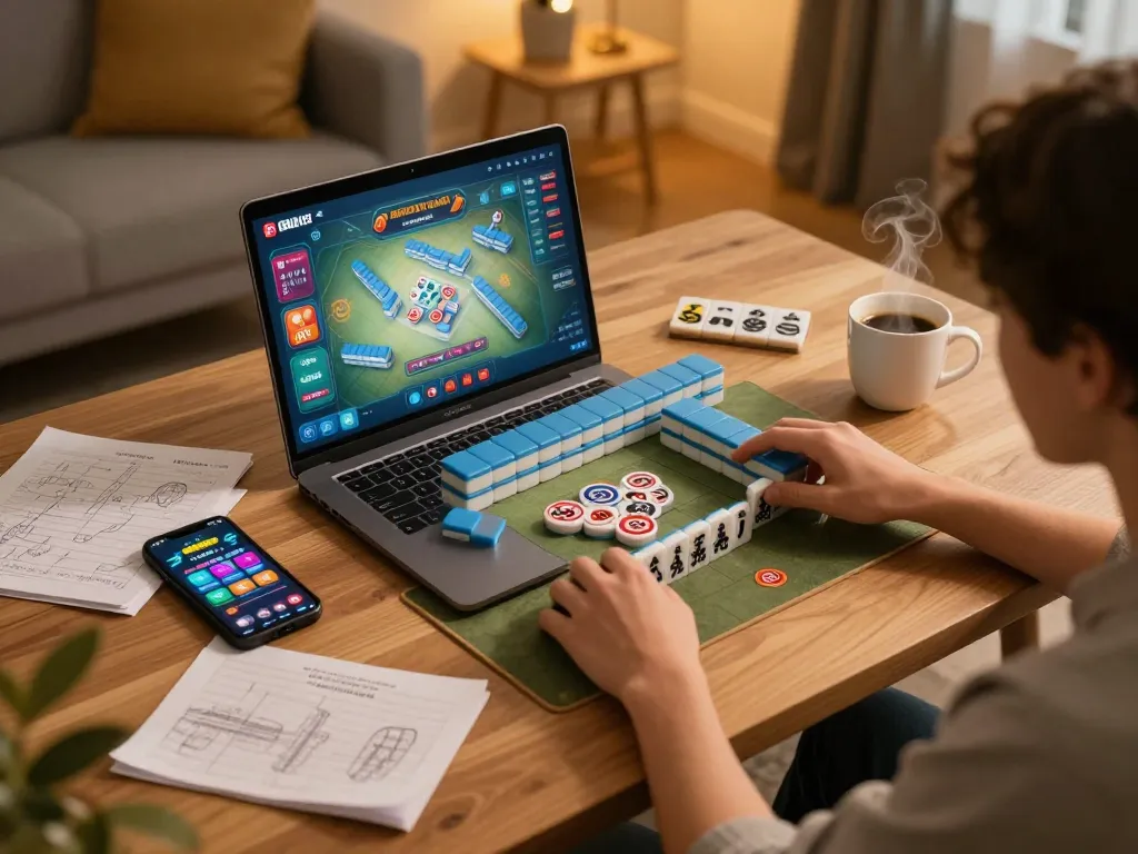 Enjoying Mahjong gameplay on a laptop with strategic notes nearby, showcasing a cozy gaming atmosphere