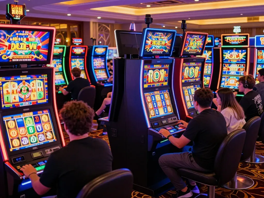 Players enjoying exciting toto slot games amid vibrant casino ambiance.