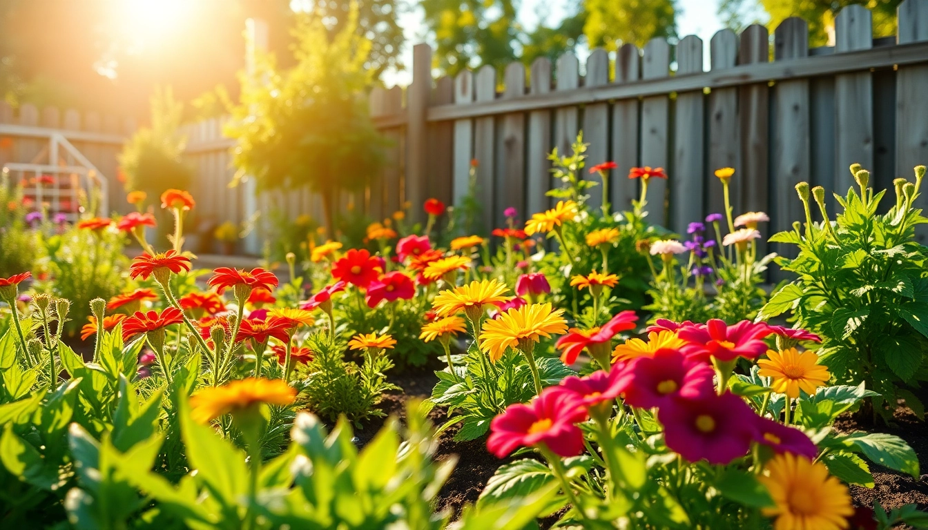 Gardening in a vibrant home garden with diverse flowers and vegetables showcasing natural beauty.