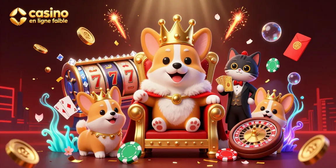 Illustration de casino en ligne fiable avec le corgi royal entouré de jeux de cartes et de jetons