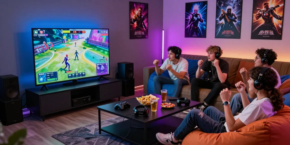 Friends enjoying a gaming session with rokok88 in a vibrant lounge setting, showcasing a fun and engaging atmosphere.