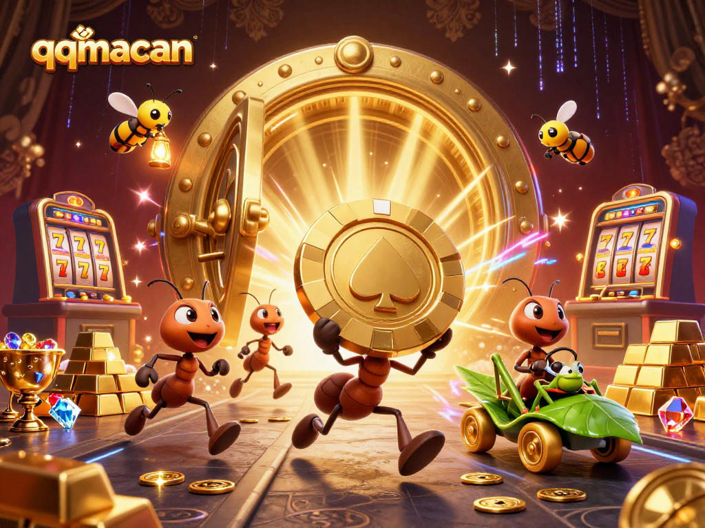 qqmacan showcases a vibrant heist scene with ants stealing a massive poker chip, rich in casino elements.