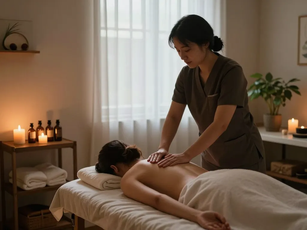 Relaxing Swedish massage scene featuring 잠실스웨디시 treatment room with candles and soothing ambiance.