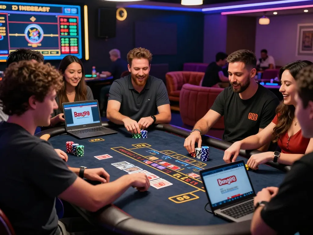 Exciting live casino gaming at https://bong99.pro/ with players cheering and colorful chips.