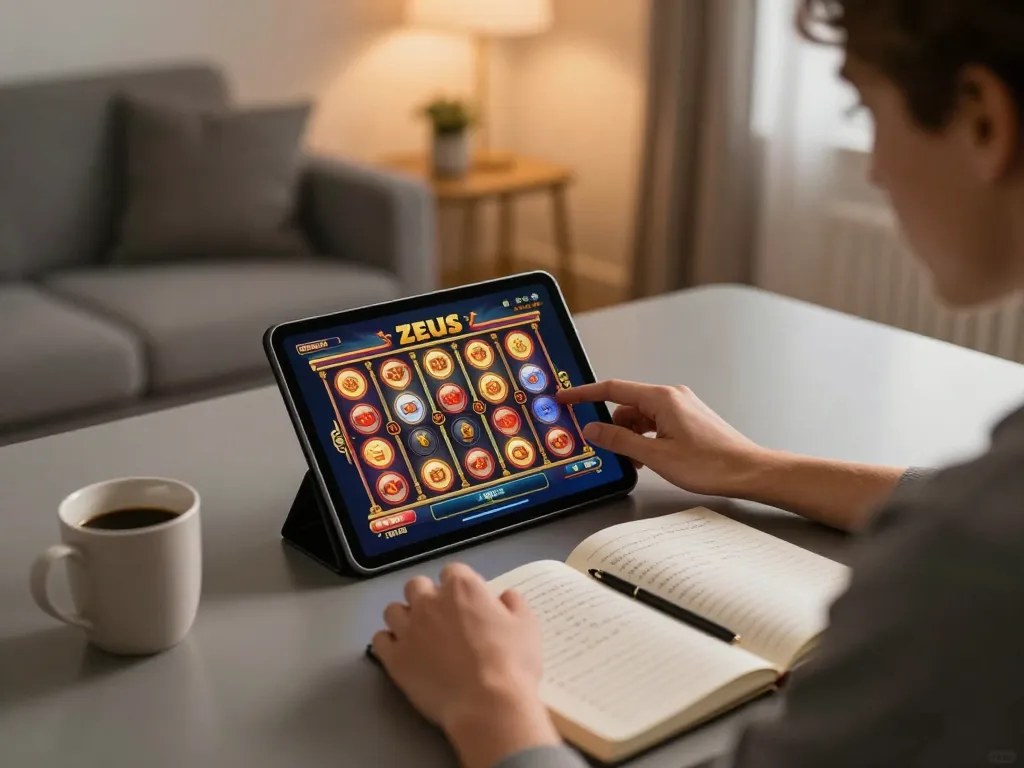 Pemain menikmati slot zeus di tablet dalam suasana rumah yang nyaman dengan catatan taruhan.