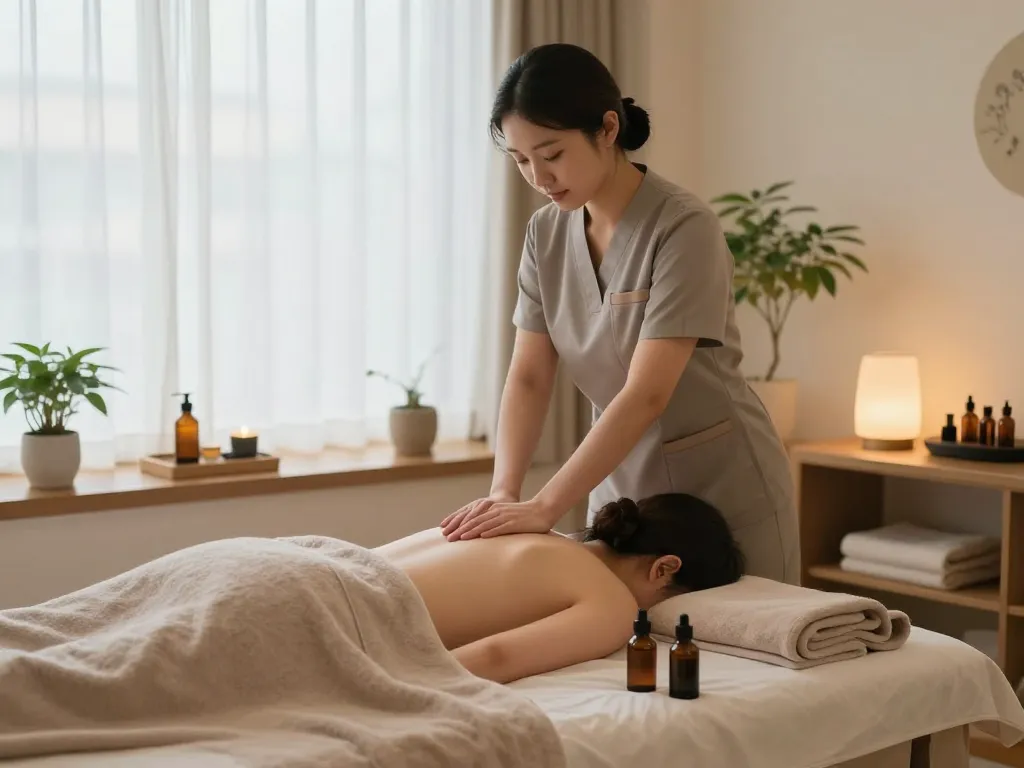 신사동마사지 experience in a serene wellness spa, showing a therapist providing care.
