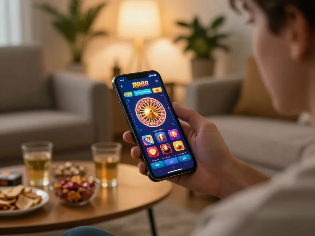 The player enjoys the RR88 mobile casino app for an exciting and immersive online gaming experience.