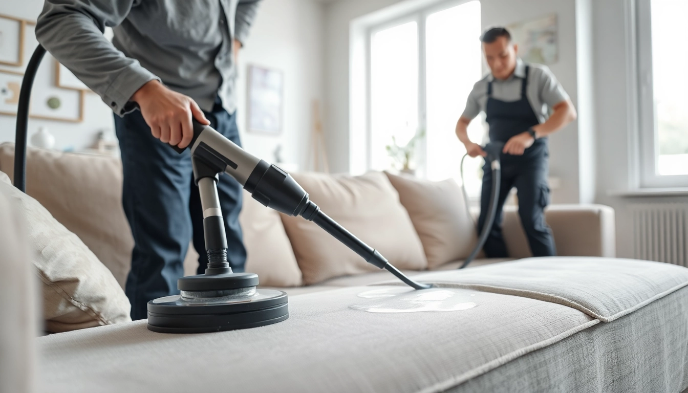 Sofa cleaning Dubai showcasing a technician expertly steam cleaning a plush sofa.