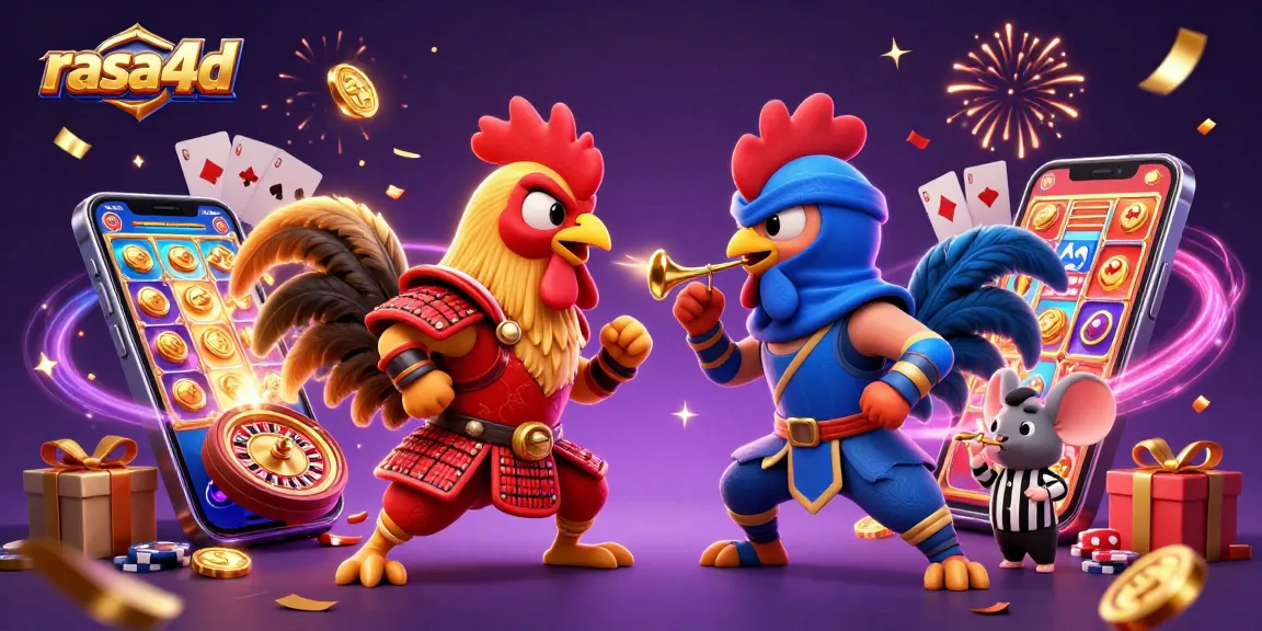 Rasa4d pertarungan kartun ayam jantan dalam kasino dengan permainan slot berwarna cerah dan hadiah menggelegak.