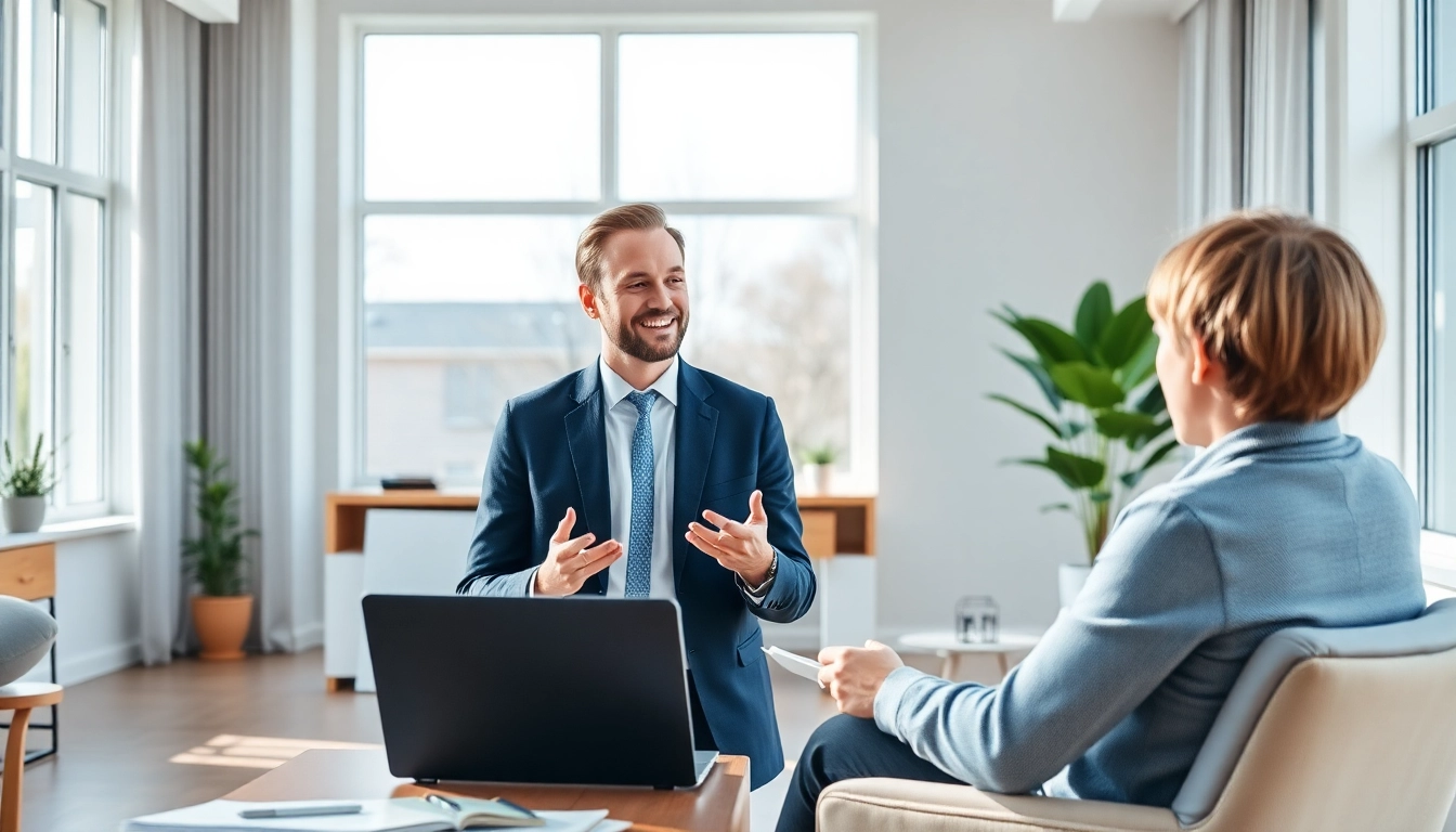 Aktivitäten auf https://frankfurt-bester-immobilienmakler.de; Immobilienmakler im Büro mit Klienten.
