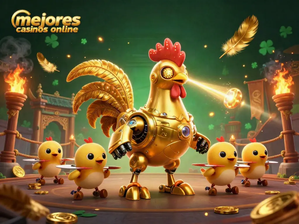 Mejores casinos online ofrecen una experiencia vibrante y emocionante, con un robot gallo dorado al centro.