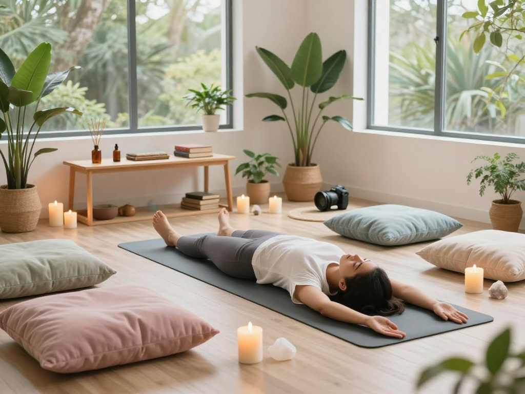 Meditation practice in a calming space with mantra88 elements for mindfulness and wellness.