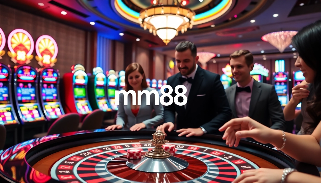 Exciting casino experience at mm88 with players, roulette, and vibrant slot machines.