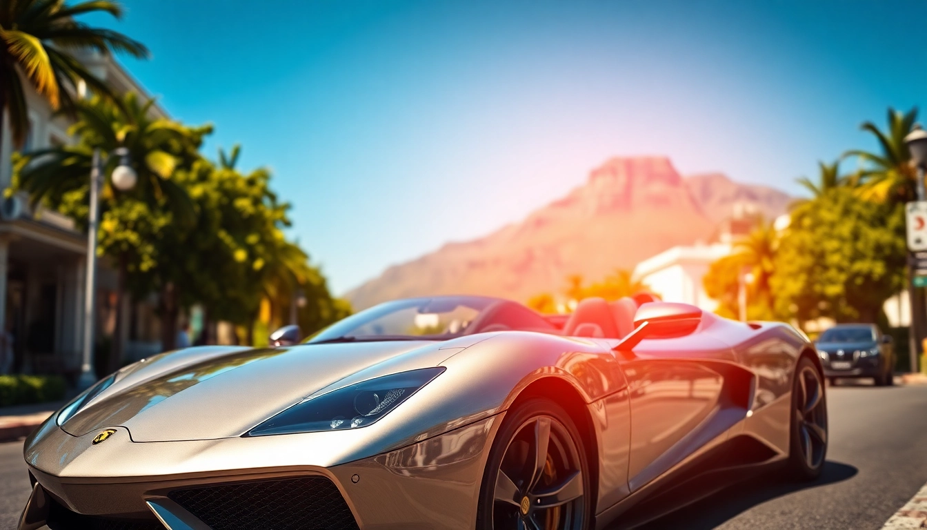 Showcase of Used sports car dealers Cape Town with a luxury sports car against Table Mountain.
