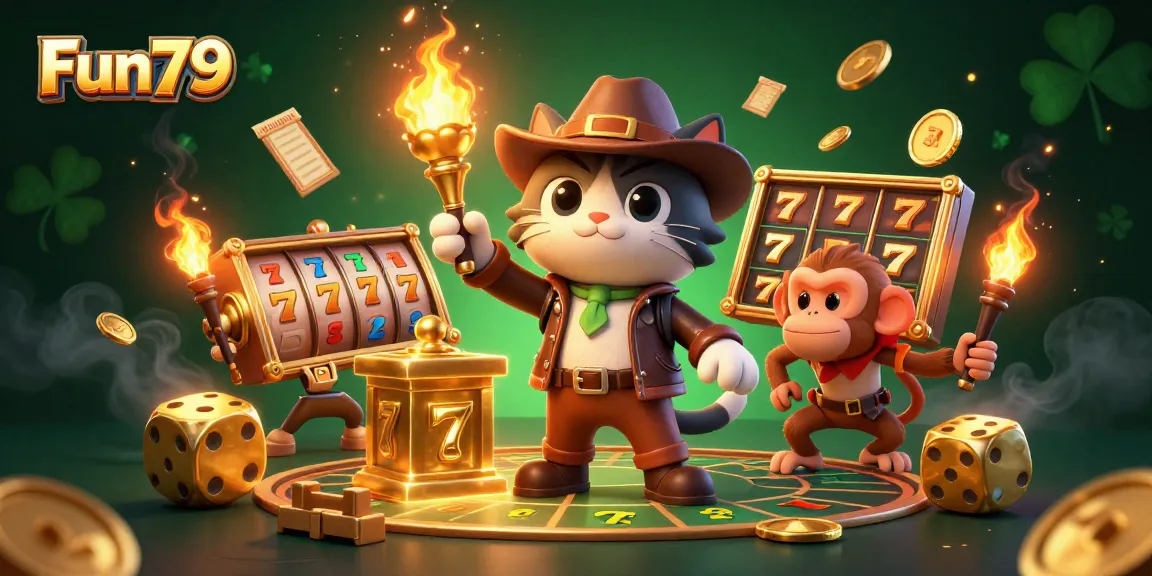 Experience the excitement of Fun79 with a cartoon explorer discovering casino treasures.