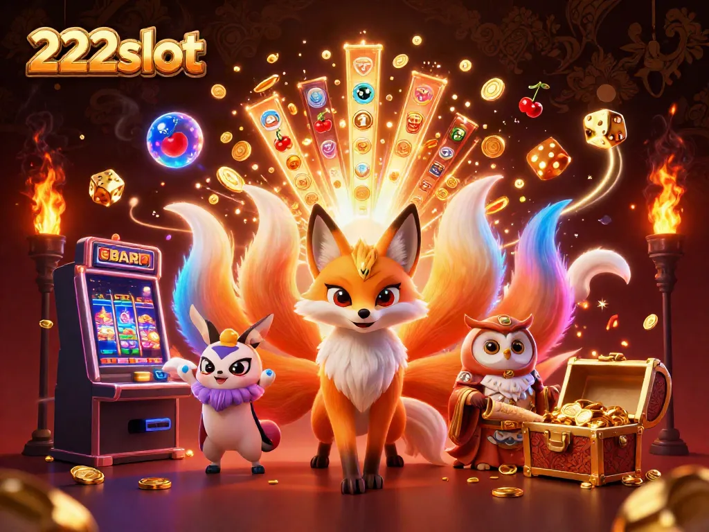 Bermain di 222slot dengan mesin slot yang meledak penuh koin dan cahaya, dikelilingi karakter kartun berwarna cerah.