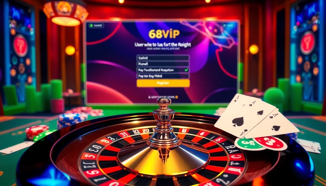 Engage with Đăng Ký Nhà Cái 68VIP by exploring a vibrant online casino scene featuring a roulette wheel and poker chips.