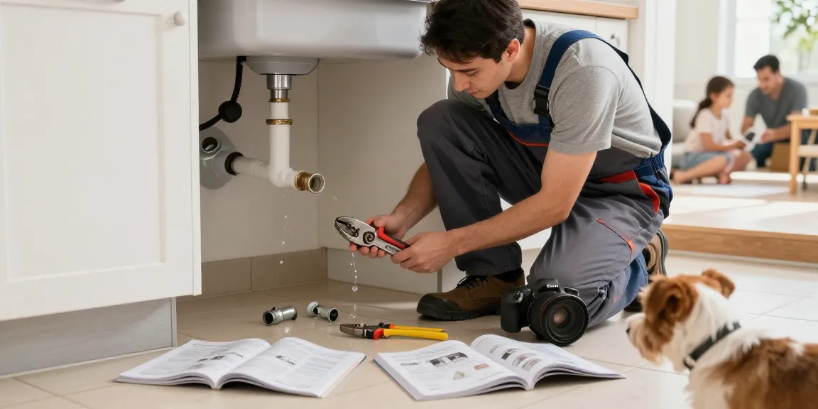 Emergency plumber in Leighton Buzzard fixing sink plumbing with tools in a warm kitchen setting.