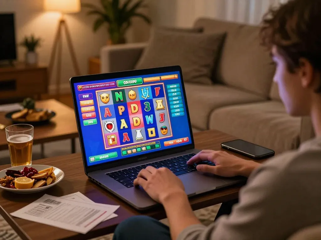 Engaging in online slot gacor gameplay on a laptop, showcasing vibrant graphics and dynamic betting