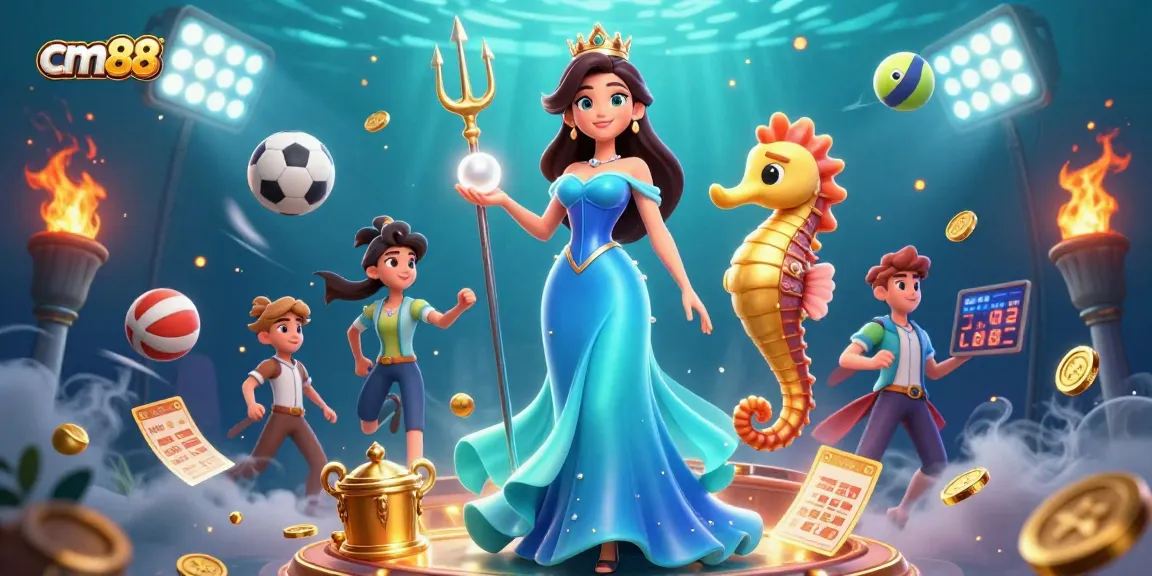 Experience exciting gaming action with cm88 as a stunning woman and a seahorse king create a vibrant underwater scene.