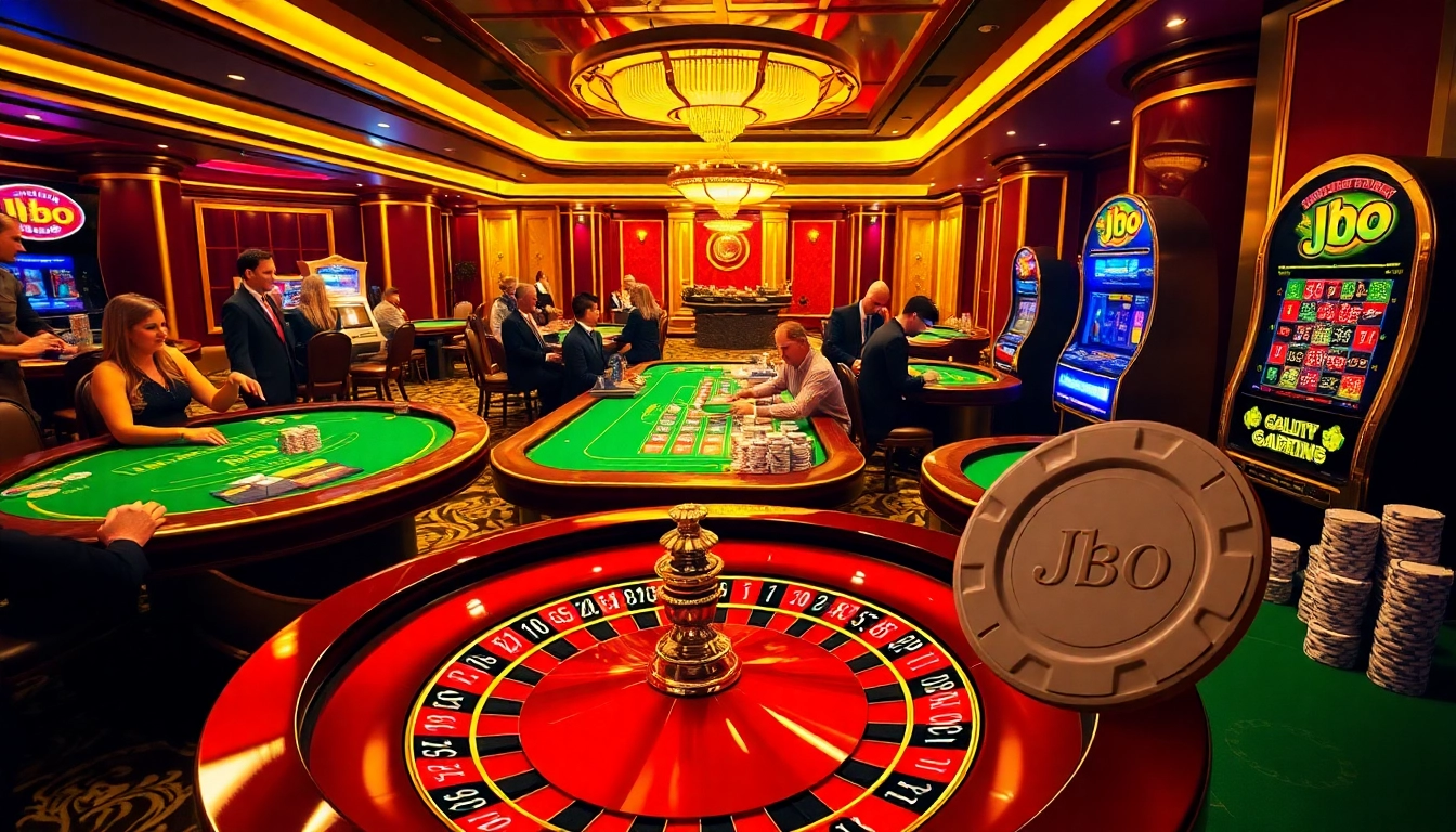 Experience excitement at a JBO-themed casino with players at tables and a roulette wheel.