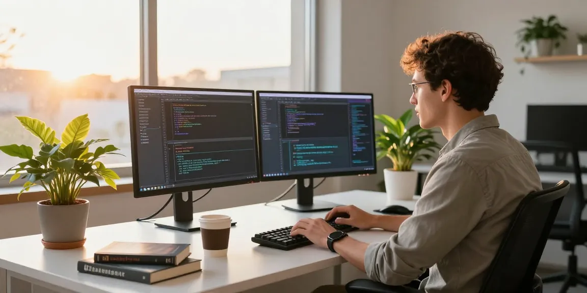 Workspace showcasing a developer using the 纸飞机中文版官网, highlighting coding and innovation in a modern tech environment.