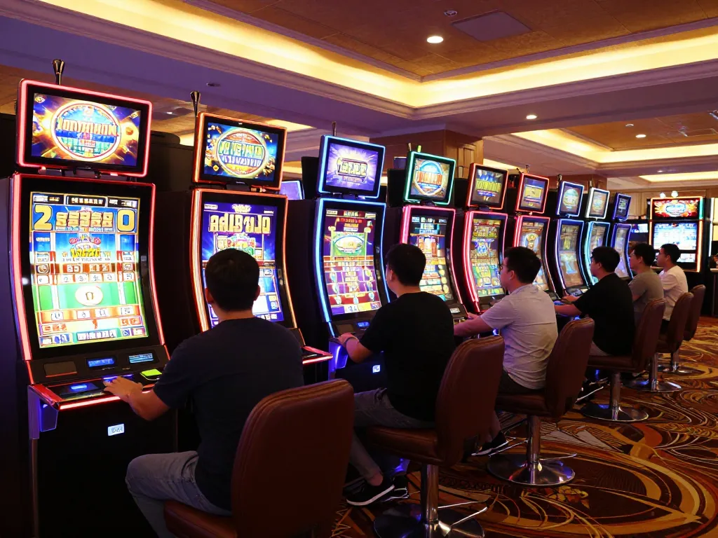 Players enjoying the slot bet 200 experience at a lively casino, engaging with colorful machines