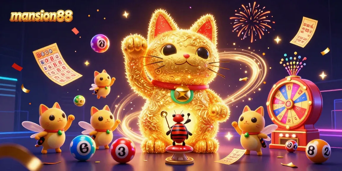 Engage with mansion88's dynamic gaming experience, featuring a vibrant lucky cat and lively casino symbols.
