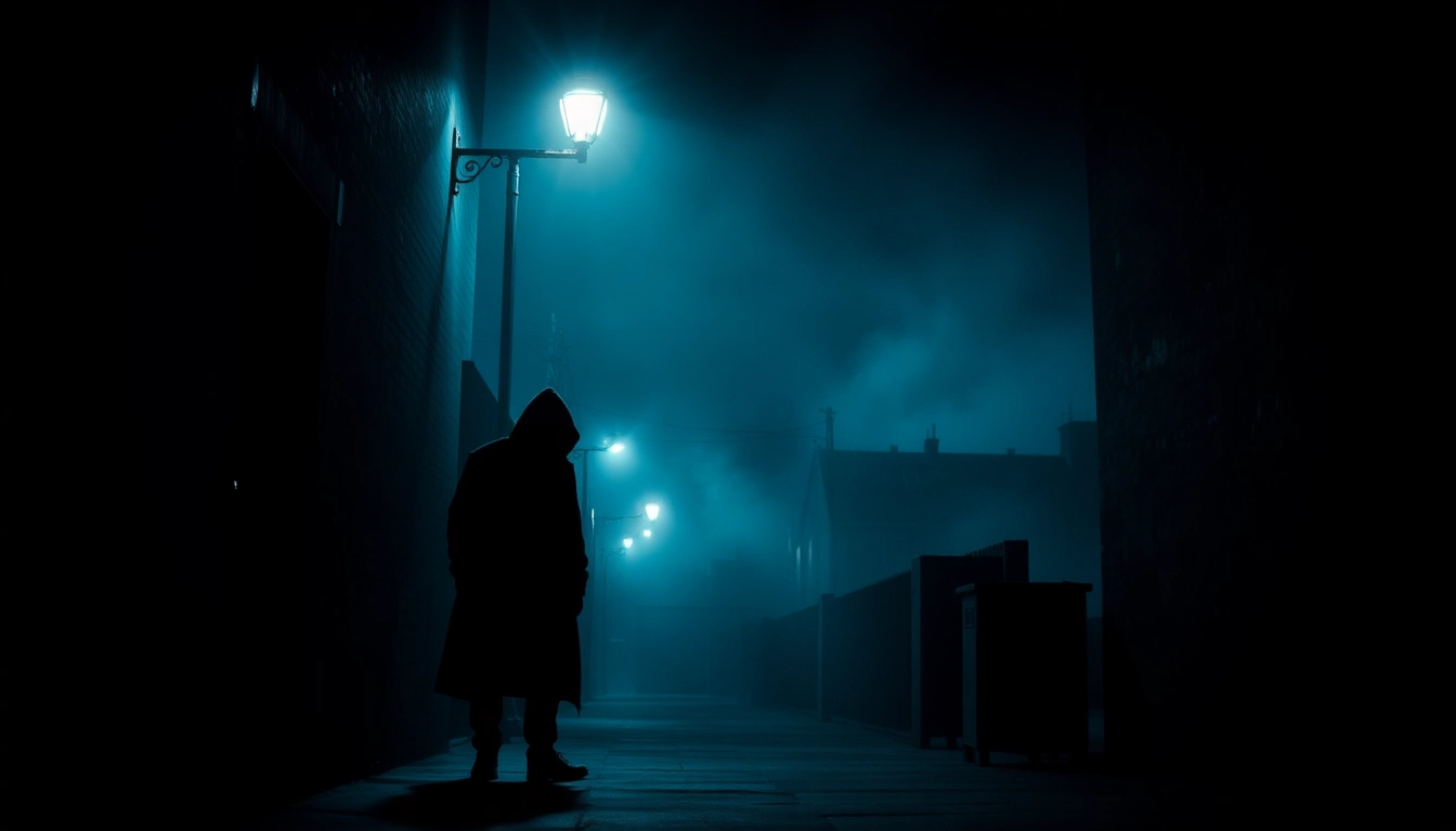 Capture the suspenseful essence of a Thriller movie scene with a shadowy figure in a dark alley.