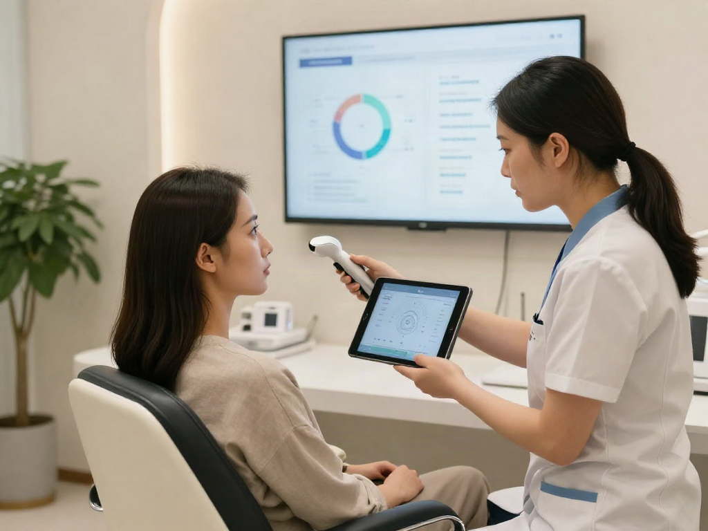ClinicEvo cheaper than QOVES analysis scene in a modern beauty clinic.