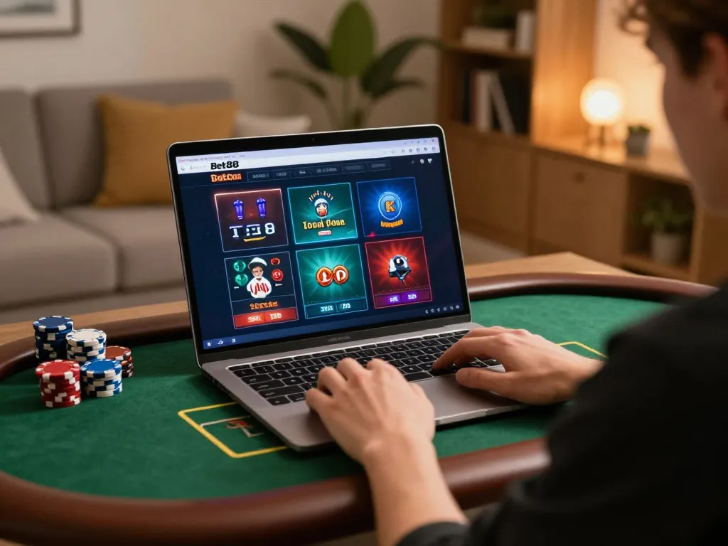 Engaging gameplay experience on Website Bet88, featuring a user on a laptop at home with poker interface displayed