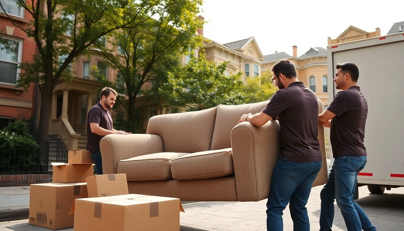 Local movers Boston helping a family move a sofa in a sunny neighborhood.