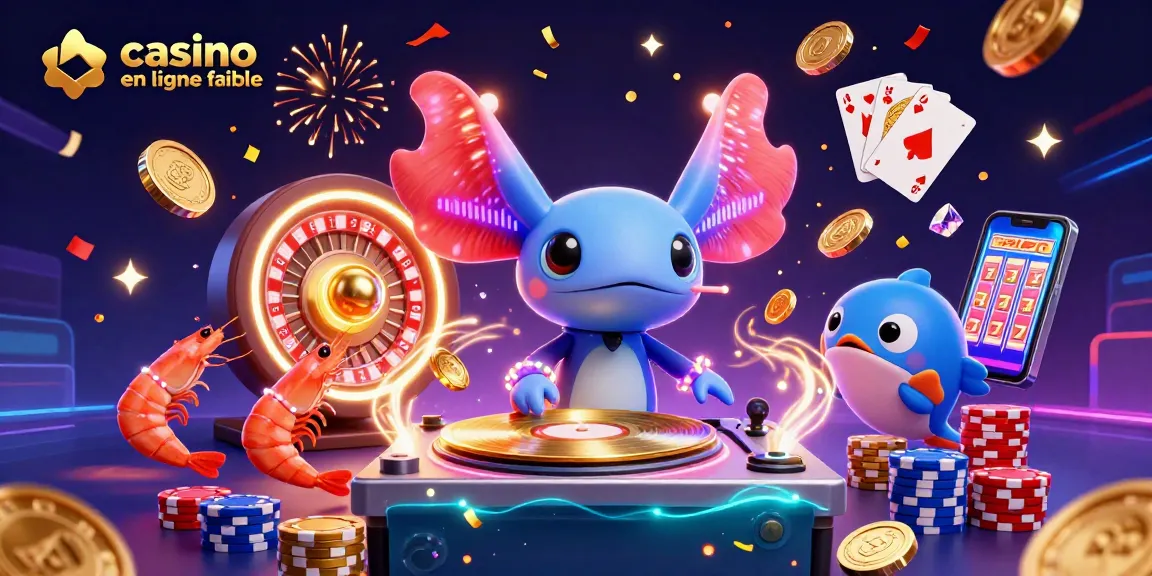 Animation d'un DJ axolotl avec des jeux de casino, illustrant la fiabilité d'un casino en ligne fiable.