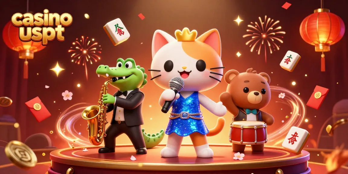 Gioca nei casino usdt con una cat cantante, un coccodrillo sassofonista e un orso batterista sullo sfondo festoso.