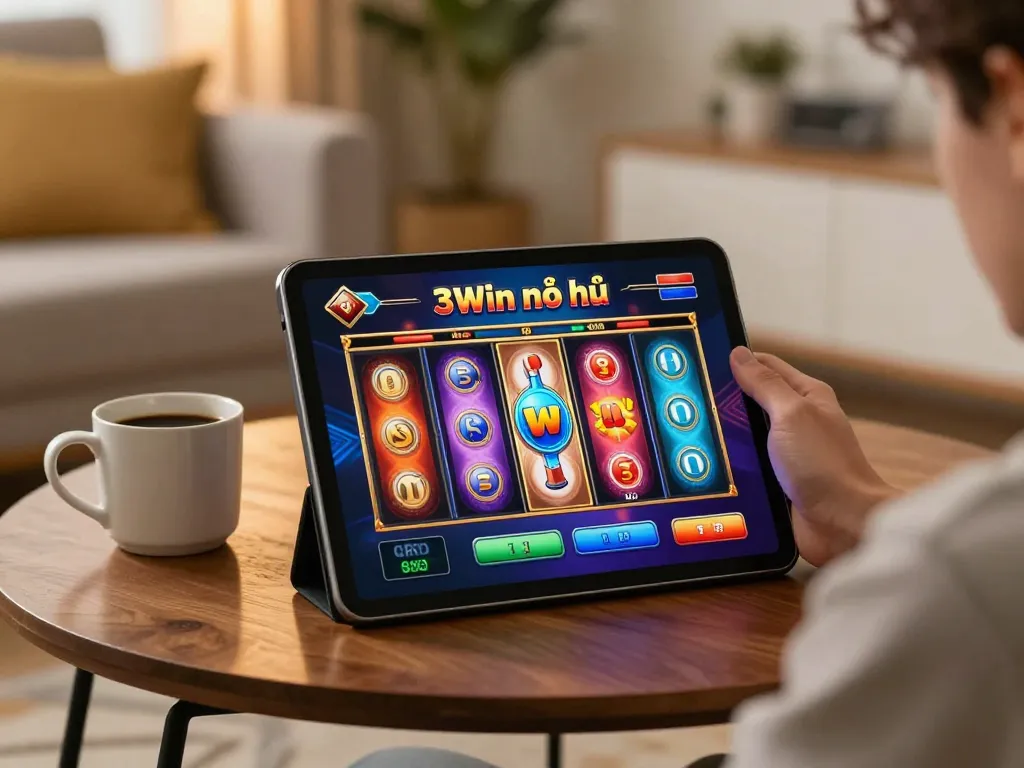 Engaging gameplay of 3Win nổ hũ on tablet showcasing colorful slot game action and vibrant graphics.