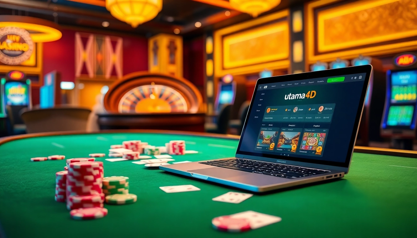Strategi kemenangan di Utama4D digambarkan melalui chip poker dan suasana kasino.