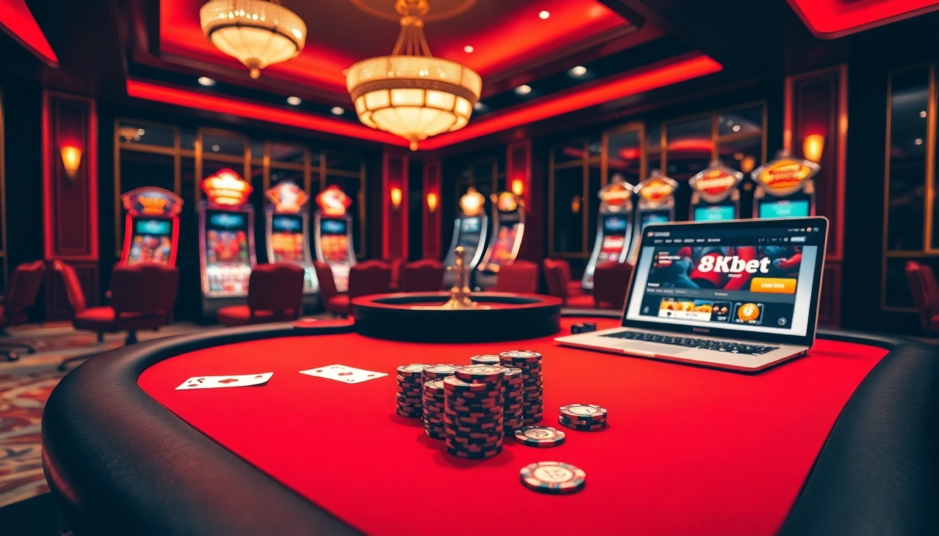 Experience the thrill of 8kbet at a luxurious casino setting with poker games and stylish slot machines.