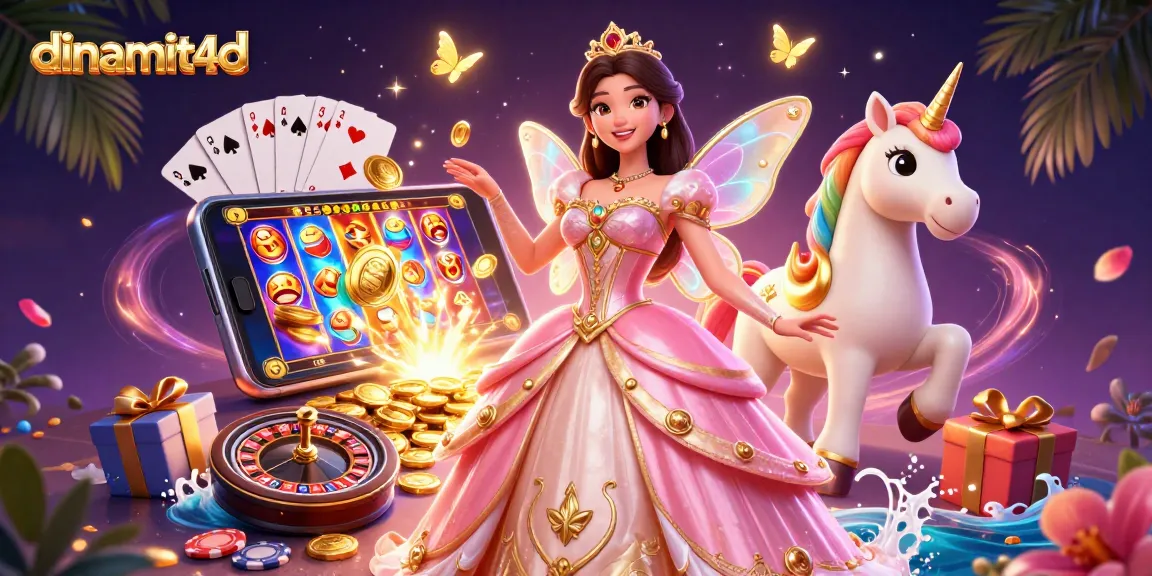 Play slots and win with dinamit4d's 3D adventure featuring vibrant casino elements and magical visuals.