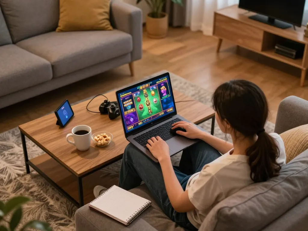 Engaging in an online slot game session for harga toto with vibrant visuals and cozy home atmosphere.
