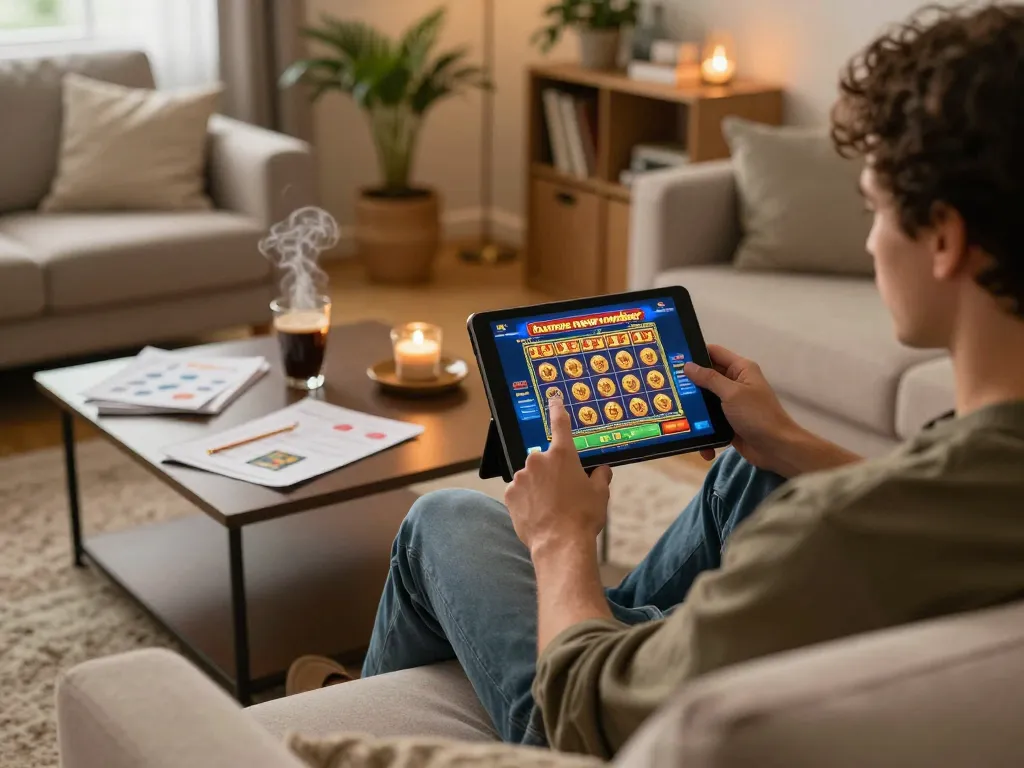 A user enjoying online gaming to claim a bonus new member offer on a tablet from a cozy home setting