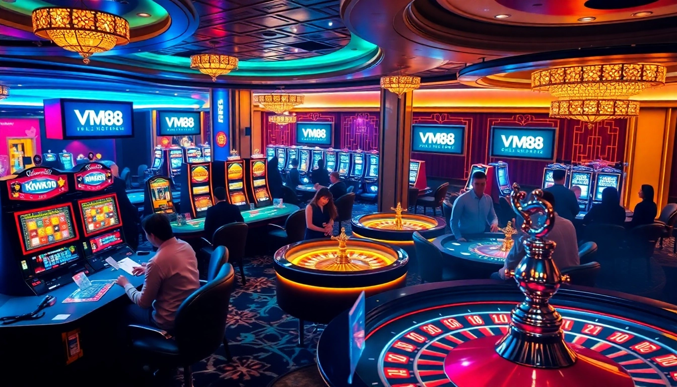Experience the excitement of gaming at VM88 with vibrant casino tables and dynamic players.