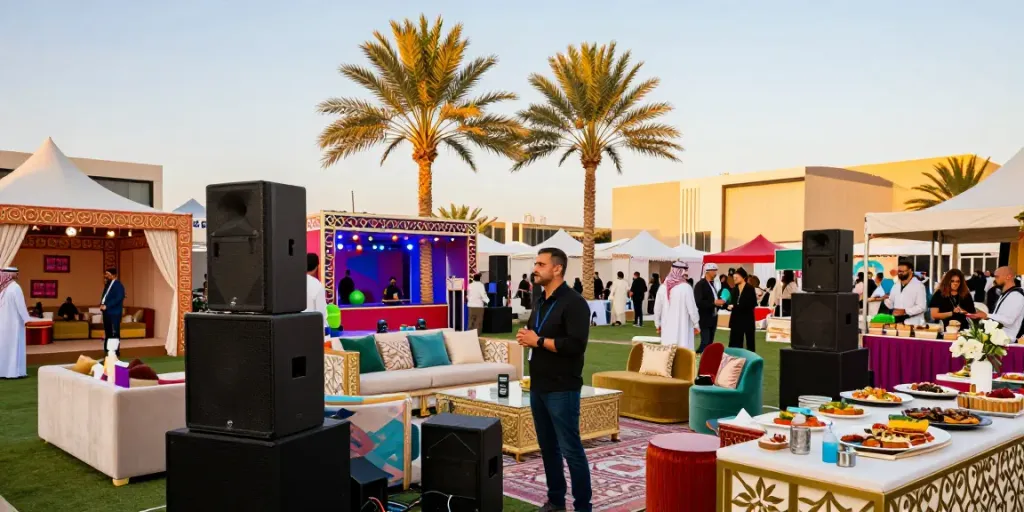 Event rentals enhancing vibrant celebrations in Saudi Arabia with decorated tents and entertainment.