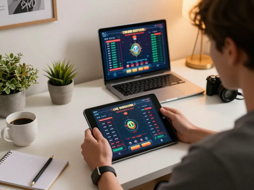 Engaging with live draw hongkong via tablet in a cozy gaming setup for strategic betting.