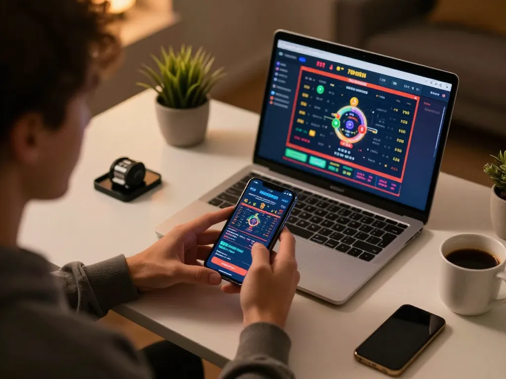 Engaged player using 789 win app for online betting at home, smartphone display showcasing dynamic gaming options.