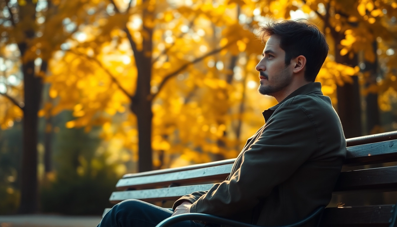 Reflective moment illustrating Life in a Break Down, with a person deep in thought amidst colorful fall foliage.