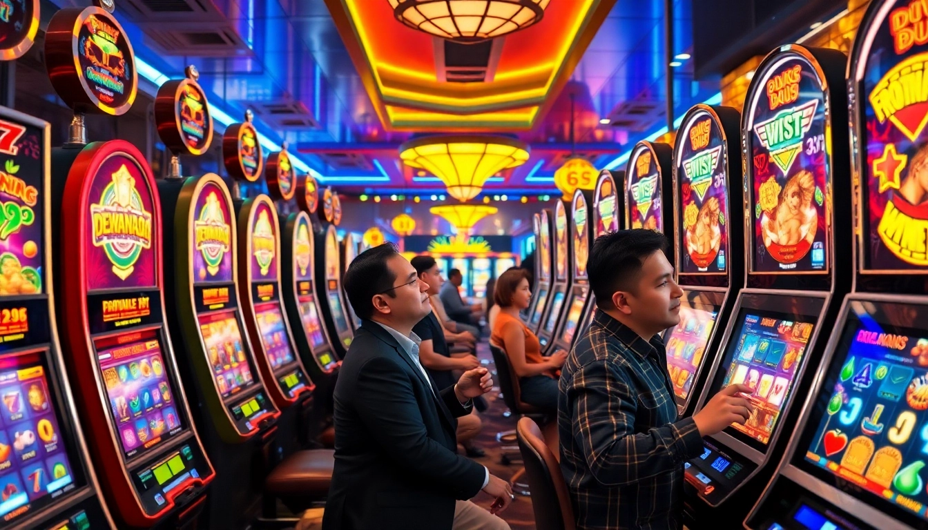 Rasakan permainan slot DEWANAGA89 yang mendebarkan dengan adegan kasino yang cerah dan interaksi pemain yang seru.